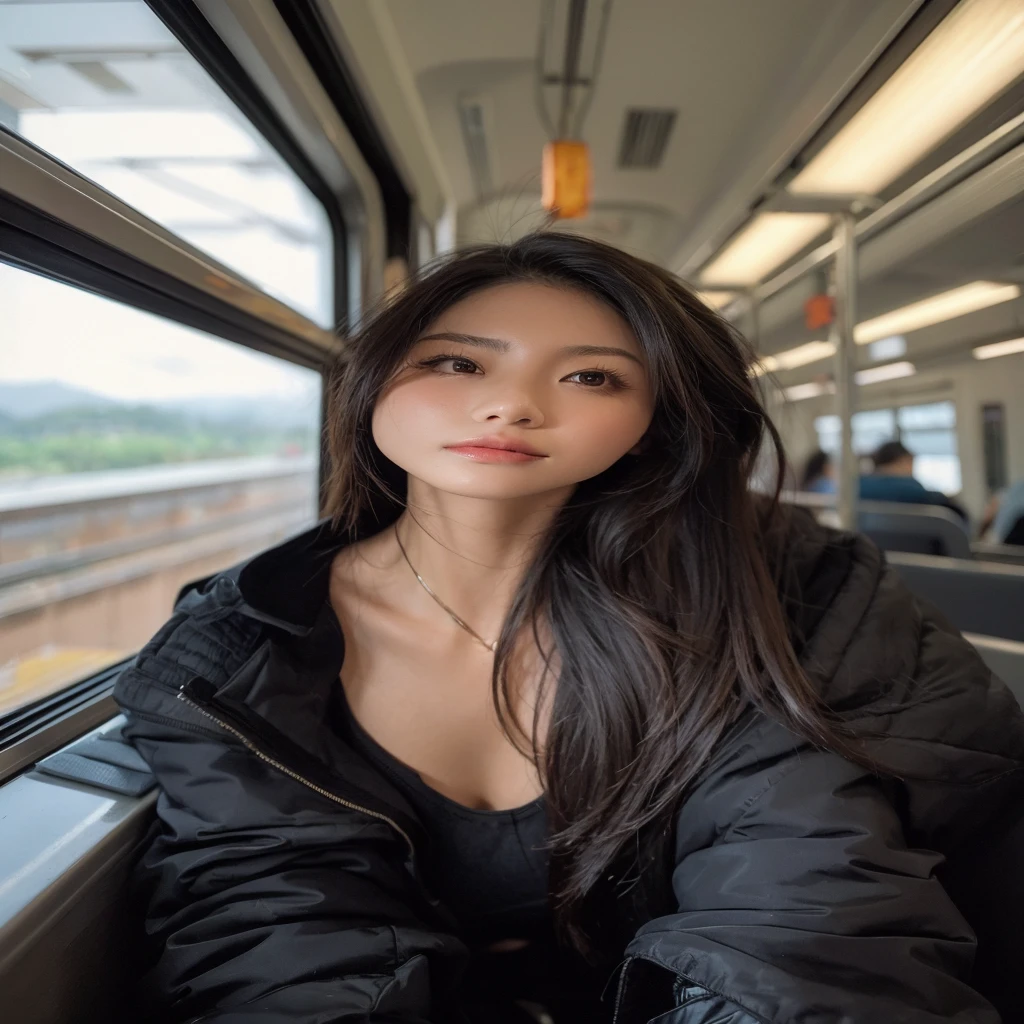 30 years old beautiful hong kong woman, photo in train, natural cleavage, beautiful face, black over jacket, clear background, natural asian skin tone