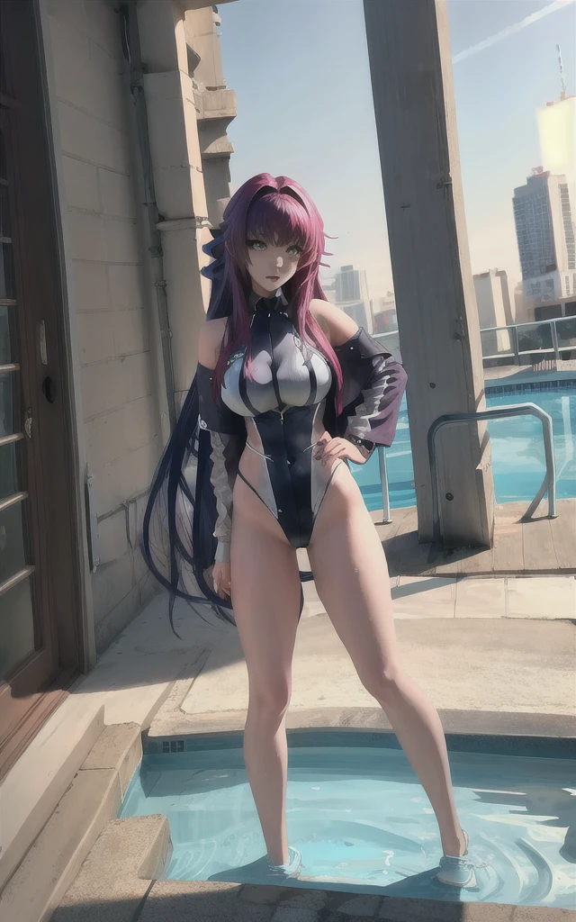 swim，swim ring，swim poolside、band vocals、full-body shot((masterpiece, best quality)), insaneres, absurdres, solo, looking at viewer, 
ANIME_DxD_Rias_Gremory_ownwaifu, 
1girl, bangs