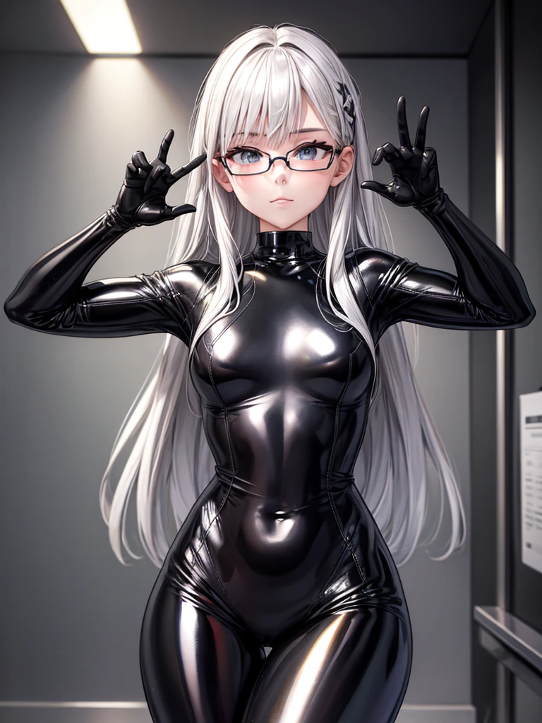 8k UHD of the highest quality. 1 girl, beautiful body, silver hair, With glasses, metallic black latex suit, Pose with legs open..、Metallic Black Latex Wetsuit with Hidden Skin.