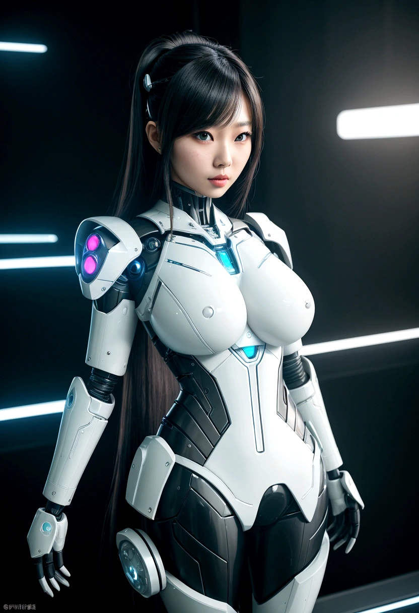 asian woman, standing, stop FRONT VIEW, tez blanca, korean, tits, futuristic clothing, modern outfit provided, NO DEFORMATIONS, beautiful, robot, cyborg, android, light, laser, League of Legends, splah art, sexy, the payment, chrome, Metal, FNAF, Animatronic, White y negro, shadows, contrast, linda, beauty, goddess, kpop, Twice, warframe, robots, EVERGLOW, Aespa, idol, star wars, steel, iron, Metal, the payment, Dark, lingerie, Dorado, gold, lights, trails, cables, wires, doll, doll, doll, haydee. neutral background, armor, haydee, hair without bangs, hair on the sides, long straight hair, hair without bangs, hair on the sides, White, White, oppai, big tits, big tits, throw, general, DIRECTOR, big breast. lights celestes, light blue lights. very big tits, HUGE TITS. body suit. perfect hands, hands with 5 fingers, hands without deformations