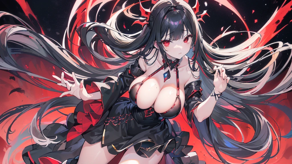 (Exquisite eyes),(Clear and beautiful eyes:1.61),masterpiece, ung girl,(Black clothes and some red gems), Black long hair, (She has a huge red gem on her chest), Good Hand,((The Havoc of StarCraft)),full-body shot,Fighting Stance,(Red Eyes:1.466),short and small,(Very big breasts:1.35),(Pretty Face),(full-body shot:1.33),Beautiful hands