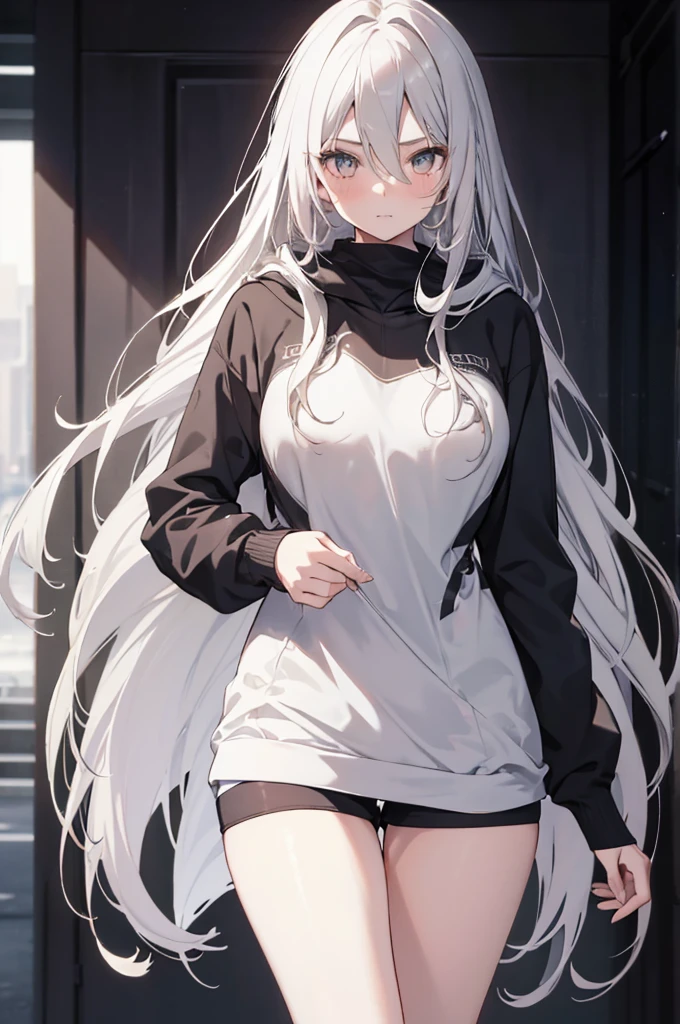 1girl, {Solitary}, Upper Body ,{{ {Watching at viewer}}}, Arms at your sides, Concept Art, white Background, simple Background, White hair, Silver gradient hair , Composite cloth, Asymmetrical clothes, Virtual YouTuber, best quality, masterpiece, Dynamic Angle, , cowboy_shooting, Watching_Back, grab, girl,Miss,woman, young,20 years old, Very long hair, Hair Flip, Silver Hair, Flowing hair, Ahog, giggle, Beautiful and delicate golden eyes, teeth, Large Breasts, Blonde eyes, White skin, hoodie, Black_shorts, Gray clothes, transparent_Background, Backlighting, absurd, high resolution, Extremely detailed,sweater,No pants