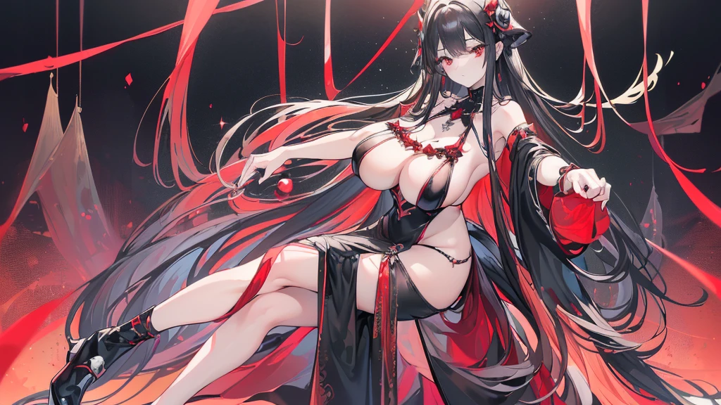 (Exquisite eyes),(Clear and beautiful eyes:1.61),masterpiece, ung girl,(Black clothes and some red gems), Black long hair, (She has a huge red gem on her chest), Good Hand,((The Havoc of StarCraft)),full-body shot,Fighting Stance,(Red Eyes:1.466),short and small,(Very big 5),(Pretty Face),(full-body shot:1.33),Beautiful hands