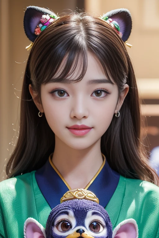 masterpiece, top quality, 한 girl, (아름다운 girl, 섬세한 girl: 1.3), (19 years old: 1.3), very fine definition, (symmetrical eyes: 1.3) , , brown eyes, split bangs, silver hair , girl, (Eye and facial details:1.0), (get closer) face enlargement, face enlargement, face focus:1.0), duck mouth, best smile, 8K, disney style, (Alebrijes Art Style), vista , complicated , ((((살아있는 puppy를 안고))), puppy,