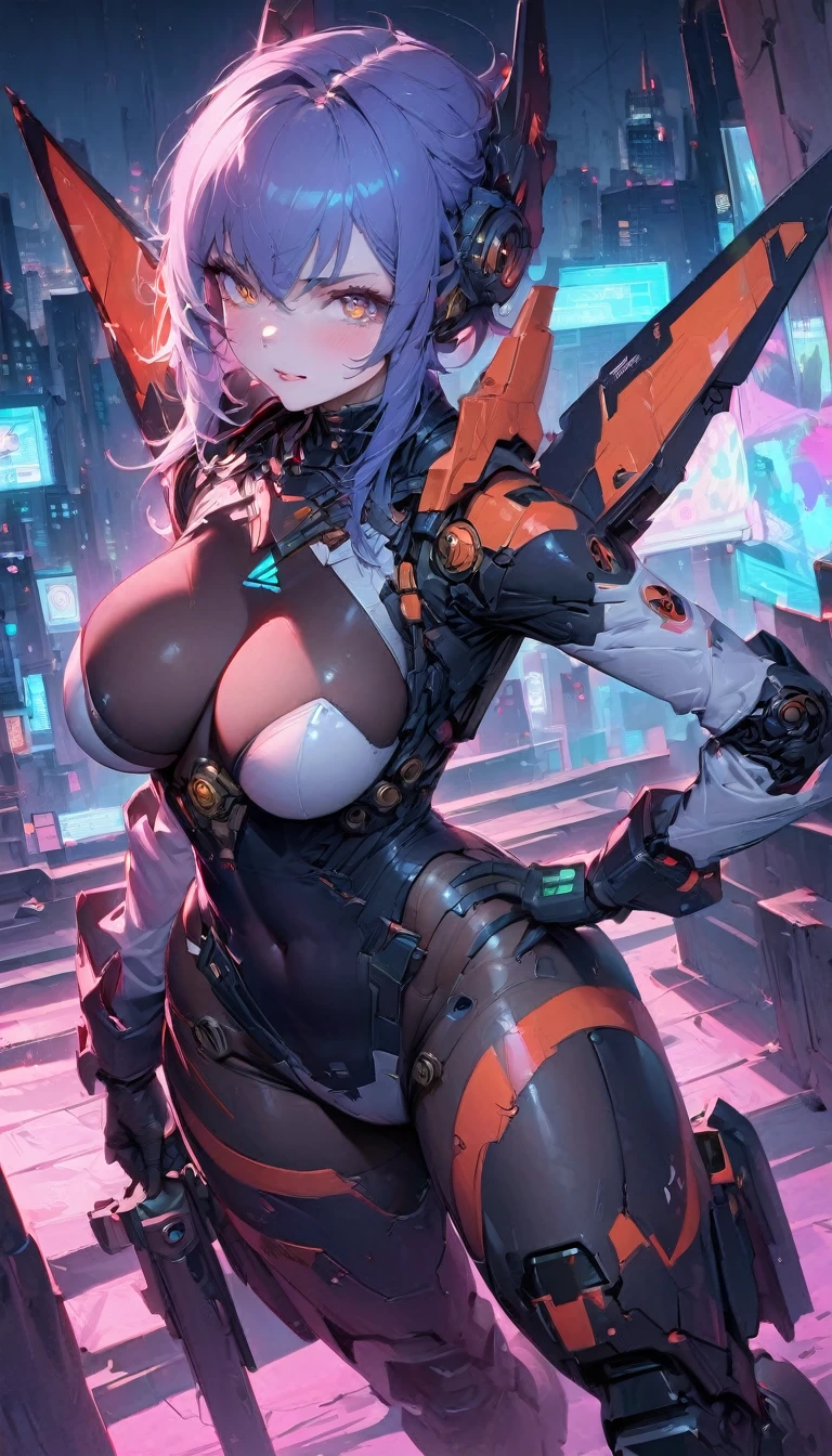 best quality,4k,8k, highres, masterpiece:1.2), extremely detailed eyes, extremely detailed body, (large masterpiece digital art), (detailed manga illustration), (detailed line art), ((perfect anatomy)), (intricate details:1.3), (ultra-detailed:1.3), (illustration:1.3), (sharp focus:1.3), (natural lighting:1.05), (vivid colors:1.3), (masterpiece), (best quality:1.4), (perfect anatomy:1.4), high quality, expressive eyes, full body, tall girl, detailed face, beautiful face, perfect face, breasts, cleavage, gloves, large breasts, cyberpunk, (black armor), short hair, ((pale skin)), messy hair, detailed (dark blue hair), honeydew hair, multicolored hair, detailed eyes, (amber eyes), hourglass physique, mecha musume, fortified suit, mechanical parts, headgear, robot joints, bodysuit, deva battle suit, gloves, thick thighs, toned, emblem, superhero, dynamic lighting, 4k resolution, dynamic pose, weapon, energy weapon portrait, Jeff Bridges, ((cartoon style)), Marvel Cinematic Universe style, (((sci-fi city in the background))), soft bokeh of futuristic city, Atey Ghailan, Jeremy Mann, Greg Manchess, Antonio Moro, trend in ArtStation, trend in CGSociety, Intricate, High Detail, Sharp focus, dramatic and photorealistic painting art by Midjourney and Greg Rutkowski, bokeh in the background