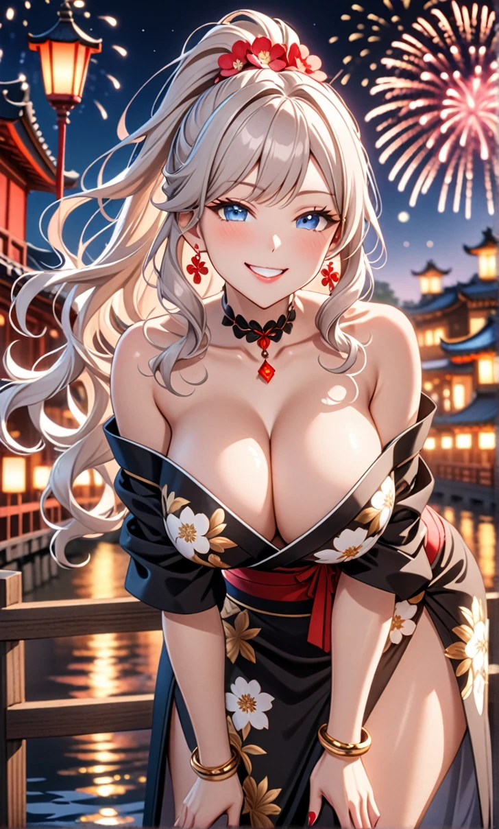 ultra-detailed, ((one girl)), in pastel white colors girl, hyper detailed, absurdres, 8K, fair skin, Beautiful Face, (Laugh shyly), ((teasing smile:1.8)), ((Wink:1.8)), (Laugh with your mouth wide open),((Tilt your head:1.4)), View your viewers, ((Bright red cheeks:1.6)),Glossy Red Lips, ((Big Breasts:1.5)), ((show off breast:1.4)), (valley), night, Riverside,On Bridge, firework, (Brighten your face), ((Anime style background)),masterpiece, Highest quality, so beautiful,Latest, Complex details, (Pink long nails), (nail art), (ring),(bracelet), (Floral Choker),AI-generated, Complex,High resolution, Highest quality, super high quality,3D Images、3D Images,One person,White long hair,(High Ponytail), (wavy hair:1.3), Monotone anime woman posing for a photo, ((Fine grain、blue eyes、glowing eyes:1.4)), (Squint your eyes:1.1),a hyperRealistic , hyperRealistic , Realistic,Anime woman with long white hair, Smooth anime CG art, A girl in a gorgeous black kimono, Kimono with gold embroidery, ((undressing)), ((black furisode)), (Large floral pattern) ,Long flower hair ornament,Floral Earrings,Mature Body, tall,Abdominal muscles,Tight waist, ((leaning forward:1.7)), (front view),