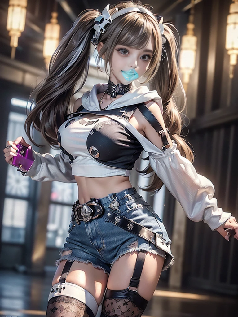 (Full Body View:1.3)、(Beautiful lips and nose:1.4)、(Side view:1.1)、(Smiling with teeth showing:1.3),(Fashion Model:1.5)、(Gothic ta delicately decorated battle uniform:1.5)、(White off-shoulder hoodie:1.5)、(Denim, silver and white shorts:1.4)、(denim garter belt:1.5)、(Black and denim knee socks:1.3)、(Skull Silver Accessories:1.5)、(Lace collar:1.3)、(Brown Skin Belt:1.4)、(Brown boots:1.2)、(Underwear has polka dots:1.4)、23 years old、((Highest quality、In 8K、masterpiece:1.3))、Sharp focus:1.2、(Layered Cut、Huge boobs:1.1),Beautiful woman with perfect figure:1.4、(Dancing vigorously:1.3)、Slender Abs:1.2、Highly detailed face and skin texture、Detailed eyes、double eyelid,(Twin tails:1.3)、(Brown-golden hair:1.3)、Gravure idol、(The background is a luxurious dance hall.:1.3)、(Slim body:1.2),(Make your legs thinner:1.4),(clavicle:1.1)
