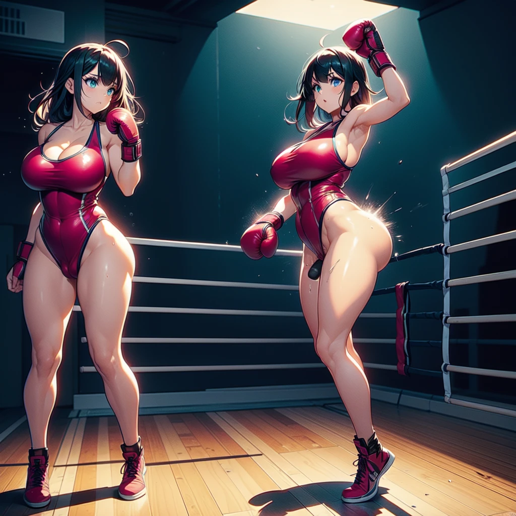 NSFW , VS Huge penis Monster growing from the floor , Losing to a strong penis , Fullbody shot , Female boxing, Wear Monokini , So huge breasts.