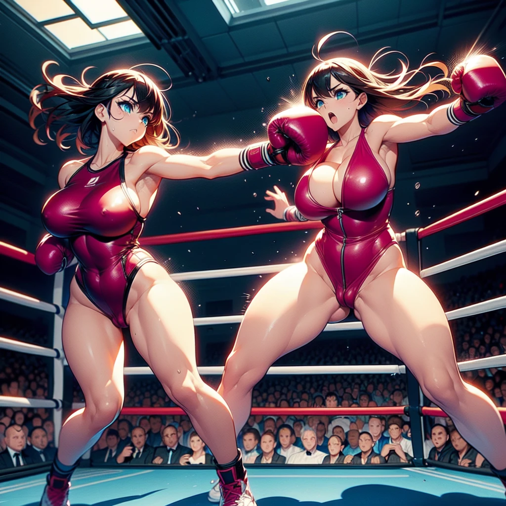 NSFW , VS Huge penis Monster growing from the floor , Losing to a strong penis , Fullbody shot , Female boxing, Wear Monokini , So huge breasts.
