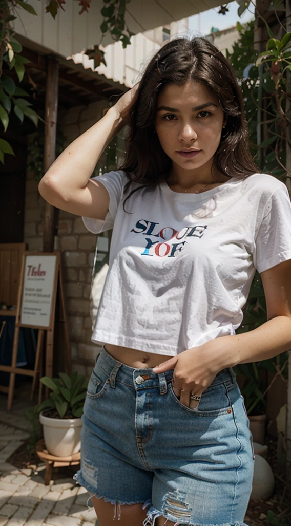 crystal rae,  no shirt, (camiseta) branca e ( no shorts) jeans