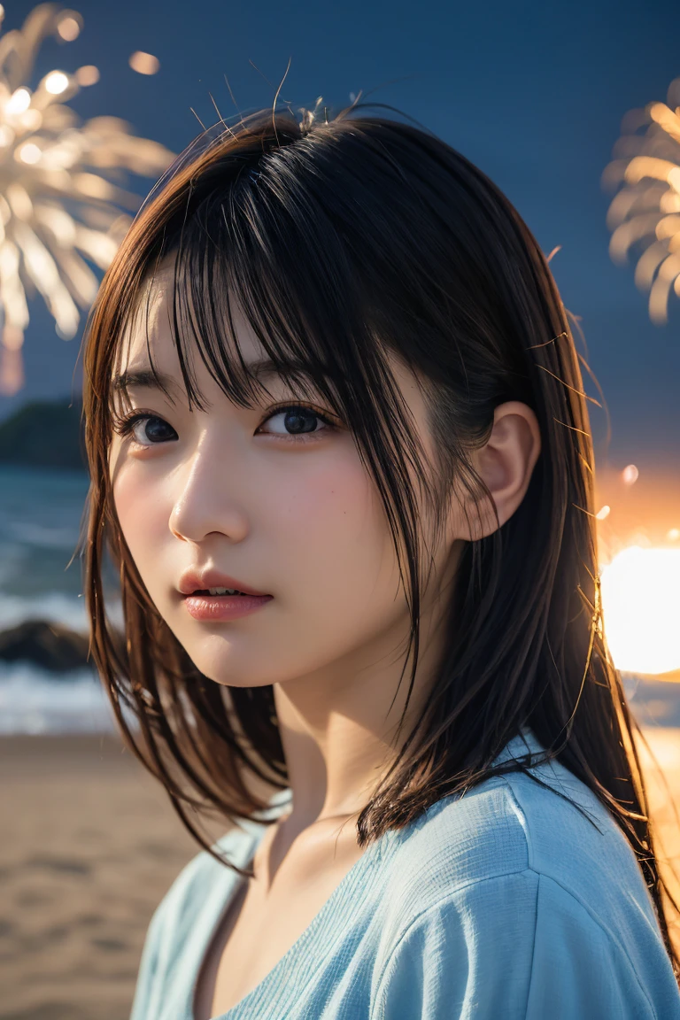 Japanese、Age 25、sister、Randomly generated people with diverse facial features and hairstyles、Perfect Anatomy,Ocean、Beach、firework、Night Sky、打ち上げfirework、目をOceanつぶる、Mature woman