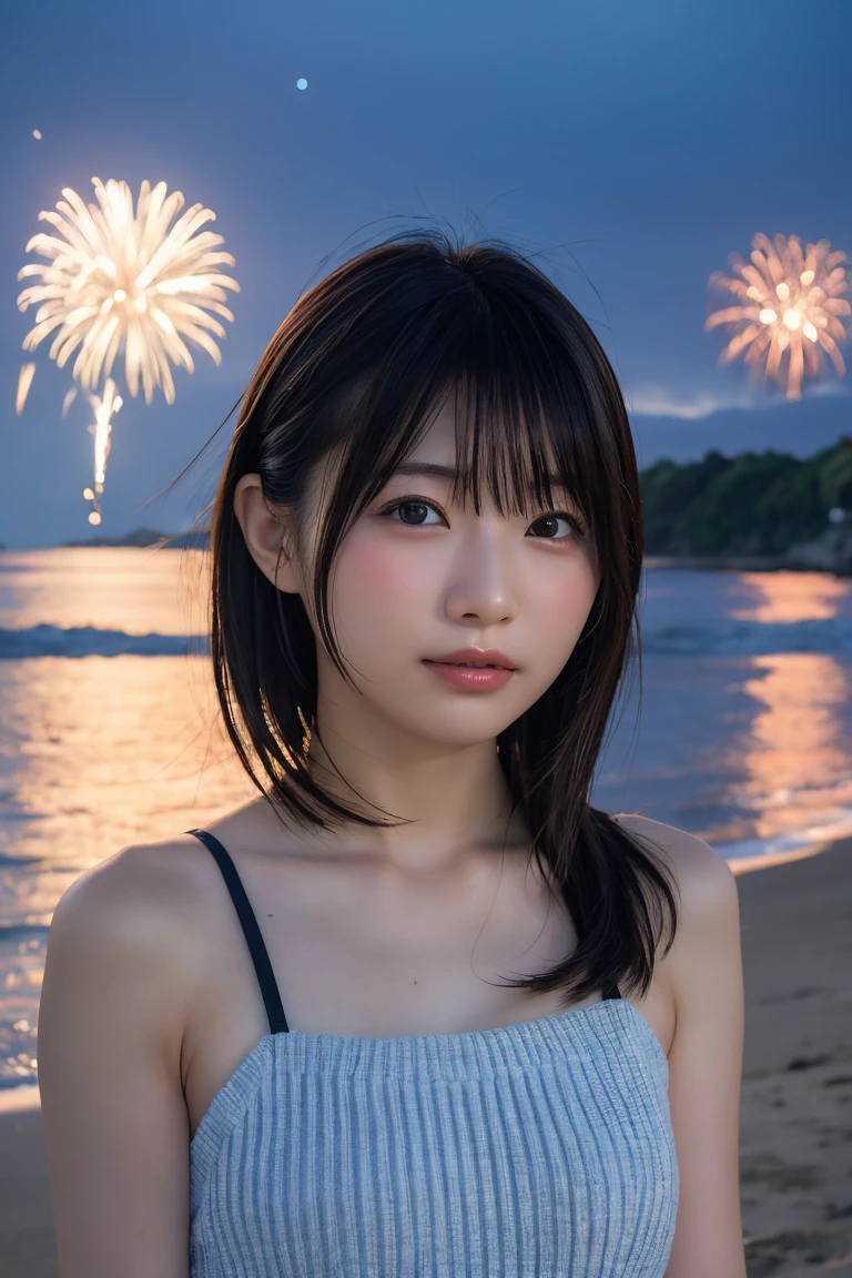 Japanese、Age 25、sister、Randomly generated people with diverse facial features and hairstyles、Perfect Anatomy,Ocean、Beach、firework、Night Sky、打ち上げfirework、目をOceanつぶる、Mature woman