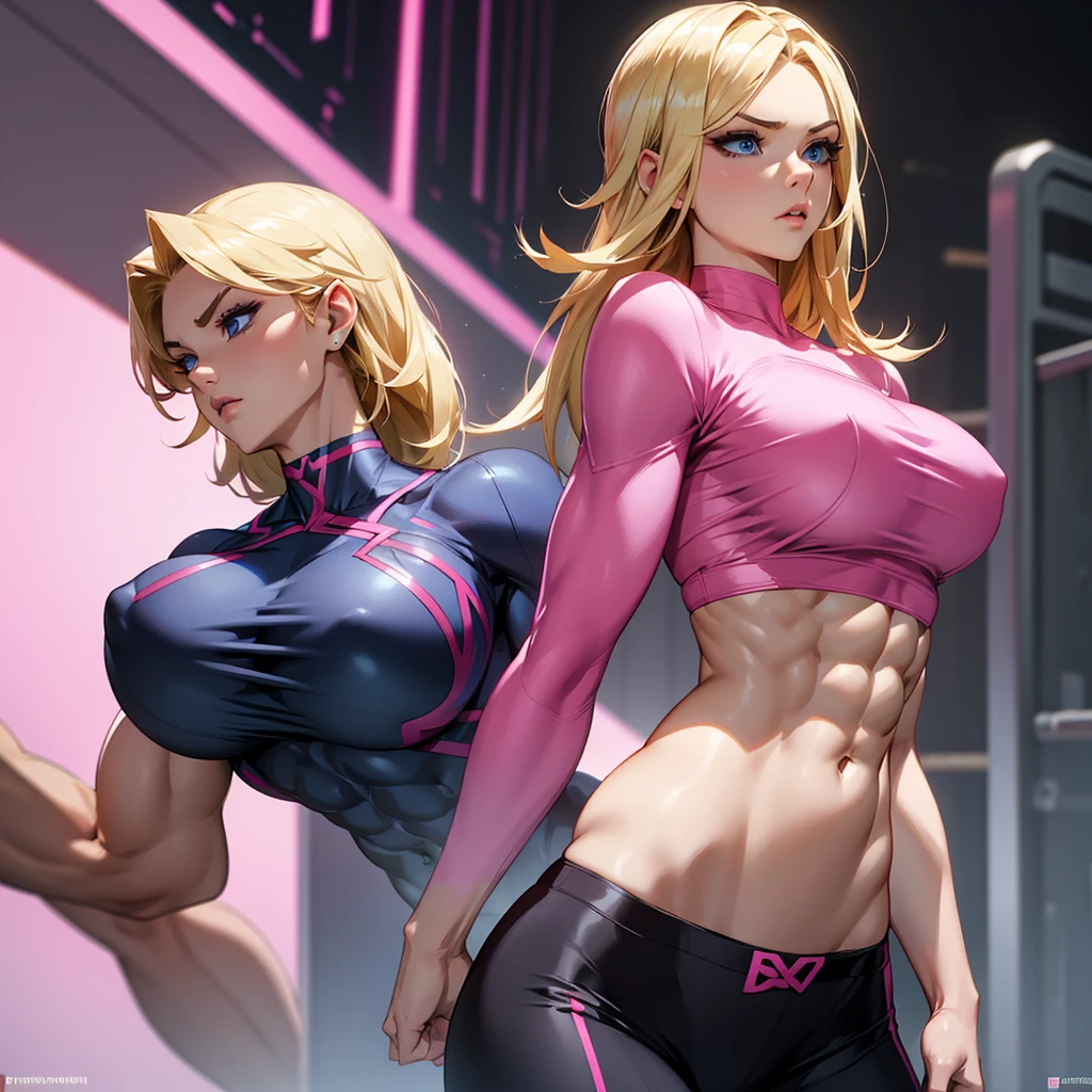 Make a muscular woman with strong abs and strong arms, broad shoulders, blonde hair and blue eyes using a pink blouse and black pants