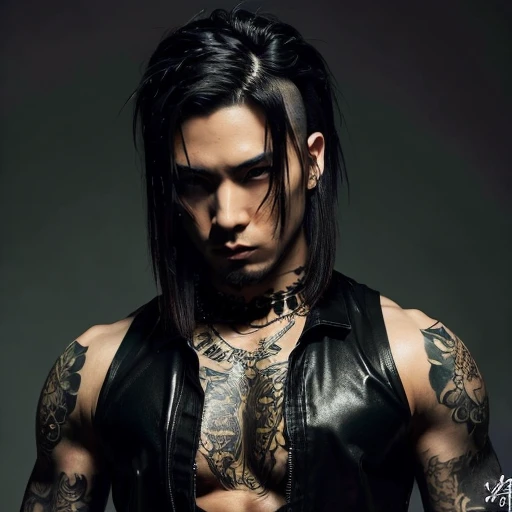 1 man, Japanese man, male, Asian eyes, muscular, broad shoulders, yakuza tattoos, hairstyle Visual Kei style, hair Visual Kei, black men's shirt and black pants, ultra detailed face, hyperrealistic, realistic representation, long hair, long hair, 30 years old, age 30 years, blonde and black hair