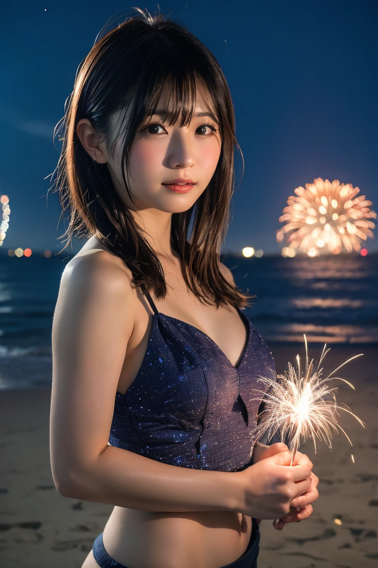 Japanese、Age 25、sister、Randomly generated people with diverse facial features and hairstyles、Perfect Anatomy,Ocean、Beach、firework、Night Sky、打ち上げfirework、目をOceanつぶる、Mature woman