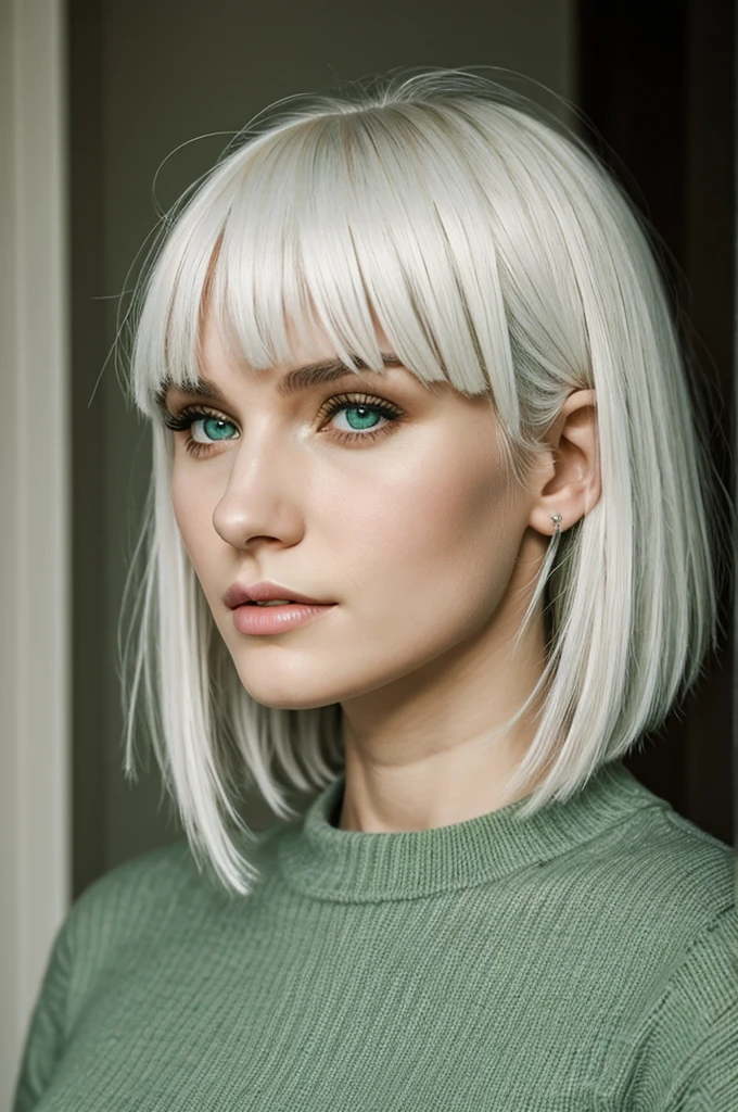 attractive young girl, white hair with bangs, thin green eyes, thin lips, marked jaw, pregnant.