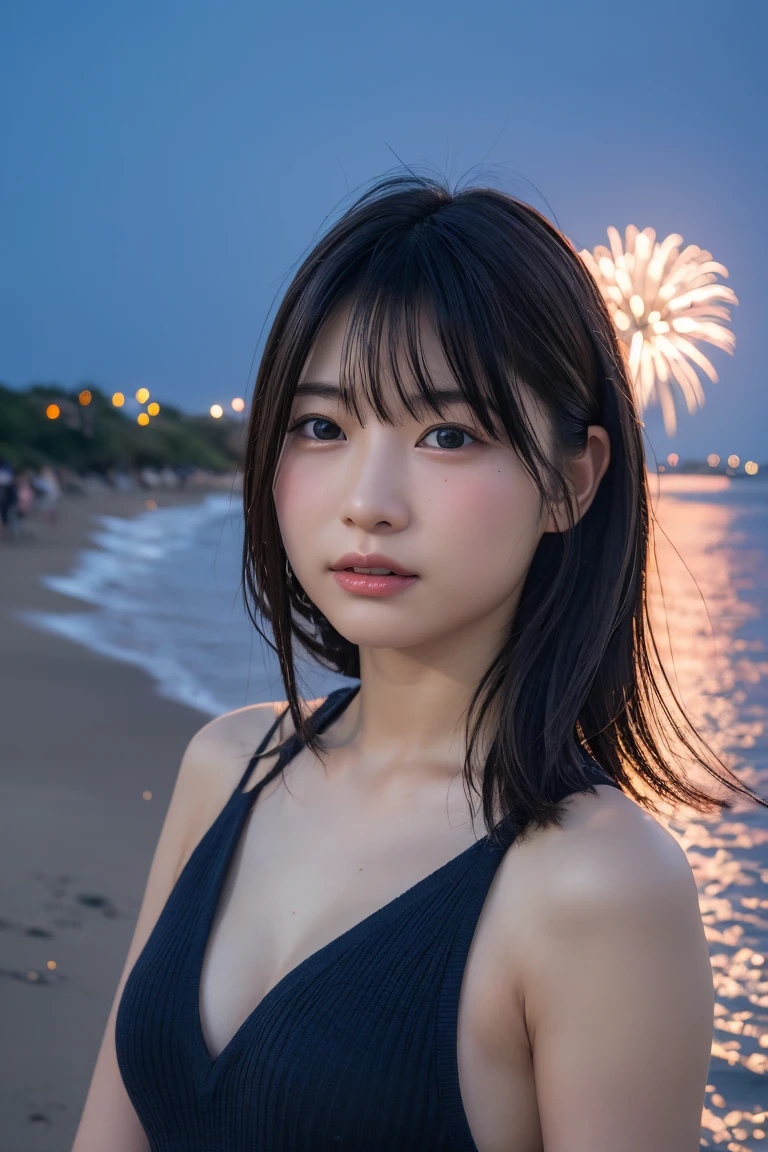 Japanese、Age 25、sister、Randomly generated people with diverse facial features and hairstyles、Perfect Anatomy,Ocean、Beach、firework、Night Sky、打ち上げfirework、目をOceanつぶる、Mature woman