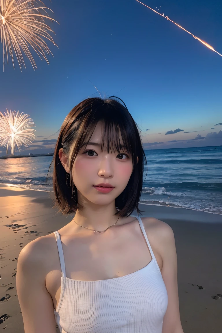 Japanese、Age 25、sister、Randomly generated people with diverse facial features and hairstyles、Perfect Anatomy,Ocean、Beach、firework、Night Sky、打ち上げfirework、目をOceanつぶる、Mature woman