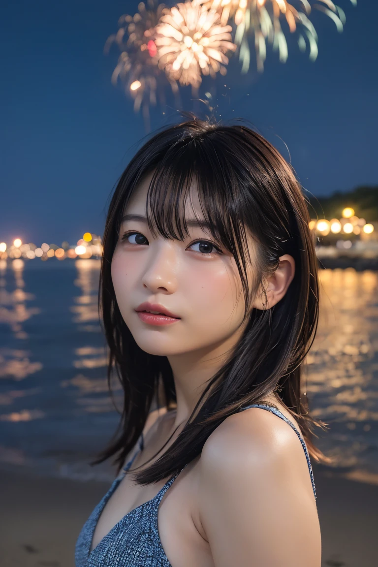 Japanese、Age 25、sister、Randomly generated people with diverse facial features and hairstyles、Perfect Anatomy,Ocean、Beach、firework、Night Sky、打ち上げfirework、目をOceanつぶる、Mature woman