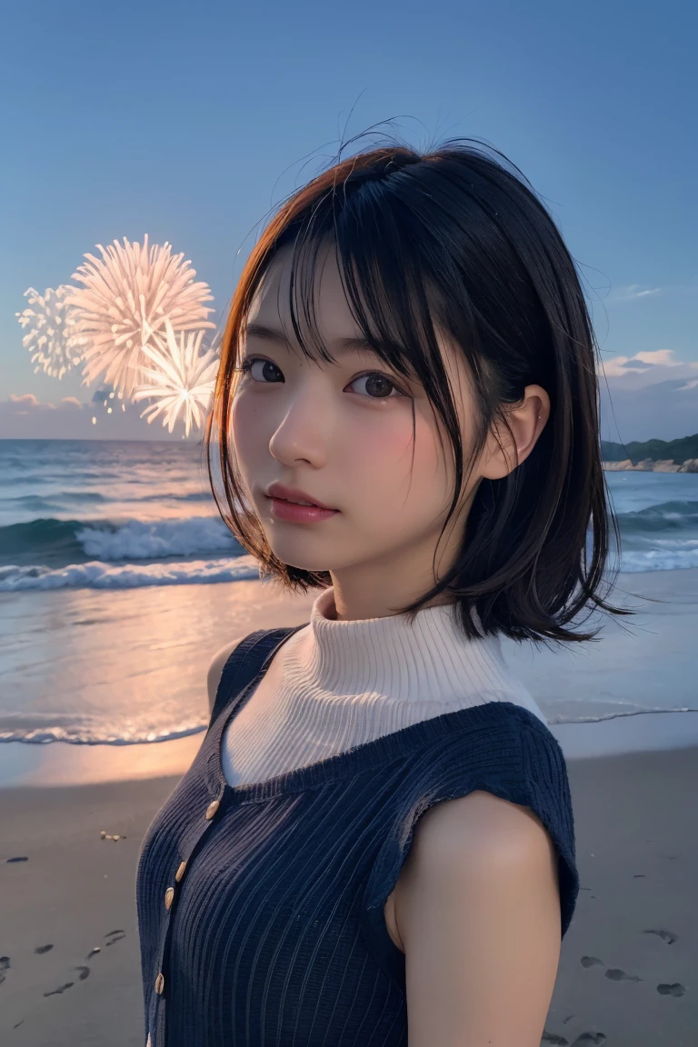 Japanese、Age 25、sister、Randomly generated people with diverse facial features and hairstyles、Perfect Anatomy,Ocean、Beach、firework、Night Sky、打ち上げfirework、目をOceanつぶる、Mature woman