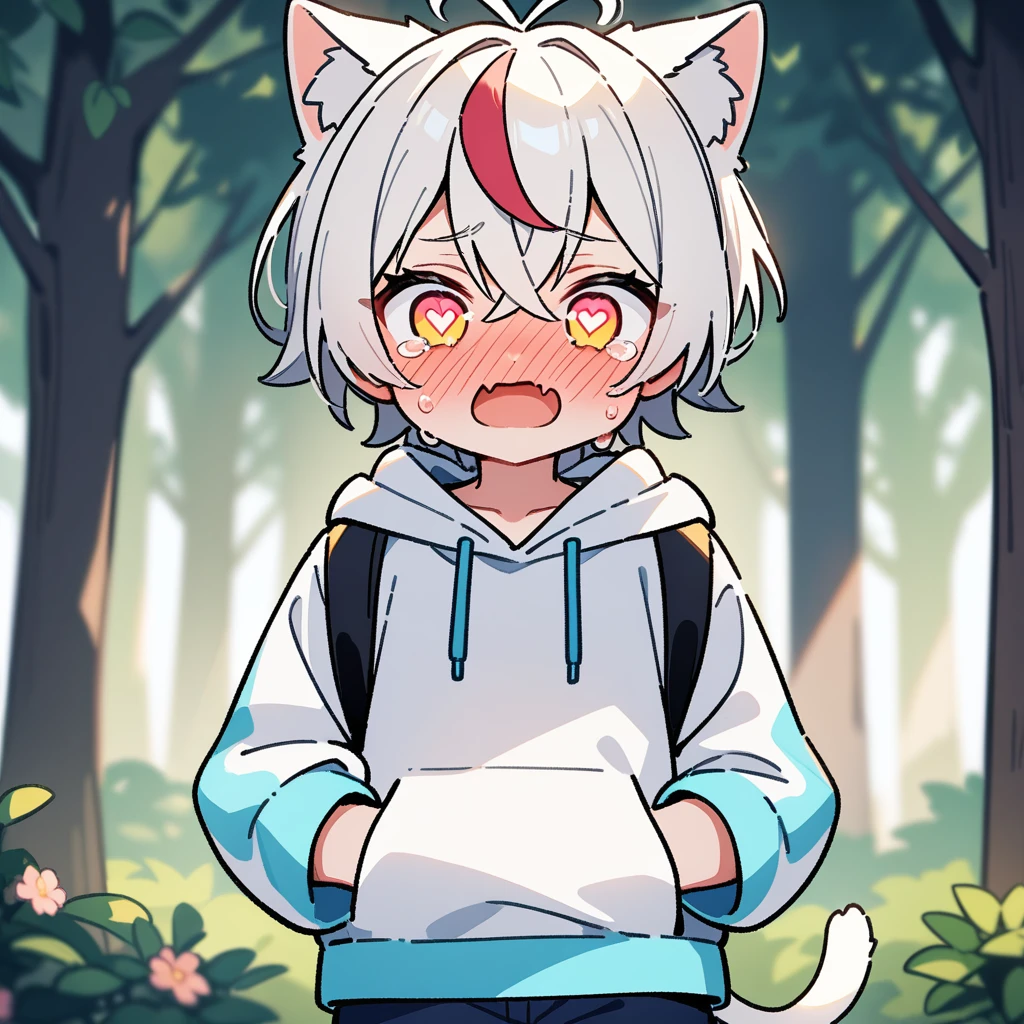 (masterpiece:1.2,high quality),8K,High resolution,A seven-year-old boy,cute boy,white hair,streaked hair,short hair,crossed bangs,light yellow eyes,((heart-shaped pupils)),heart-shaped eyes,heart ahoge,cat ears,full-face blush,tears,skin fang,Halation,Wearing a white hoodie,Dark blue shorts,Stand in the forest,There are flowering trees on both sides.,primary school student,thigh,alone,cat tail,(Put your hands in your pockets)