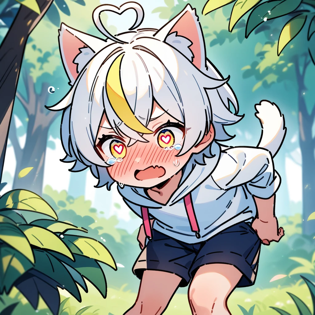 （masterpiece：1.2，high quality），8K，High resolution，A -year-boy，c boy，white hair，streaked hair，short hair，crossed bangs，light yellow eyes，（（heart-shaped pupils）），heart-shaped eyes，heart ahoge，cat ears，full-face blush，tears，skin fang，Halation，Wearing a white hoodie，Dark blue shorts，Stand in the forest，There are flowering trees on both sides.，primary scho，cat tail，（Put your hands in your pockets）