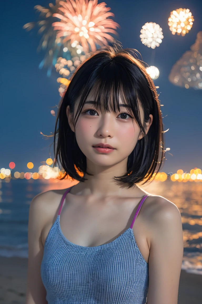 Japanese、Age 25、sister、Randomly generated people with diverse facial features and hairstyles、Perfect Anatomy,Ocean、Beach、firework、Night Sky、打ち上げfirework、目をOceanつぶる、Mature woman