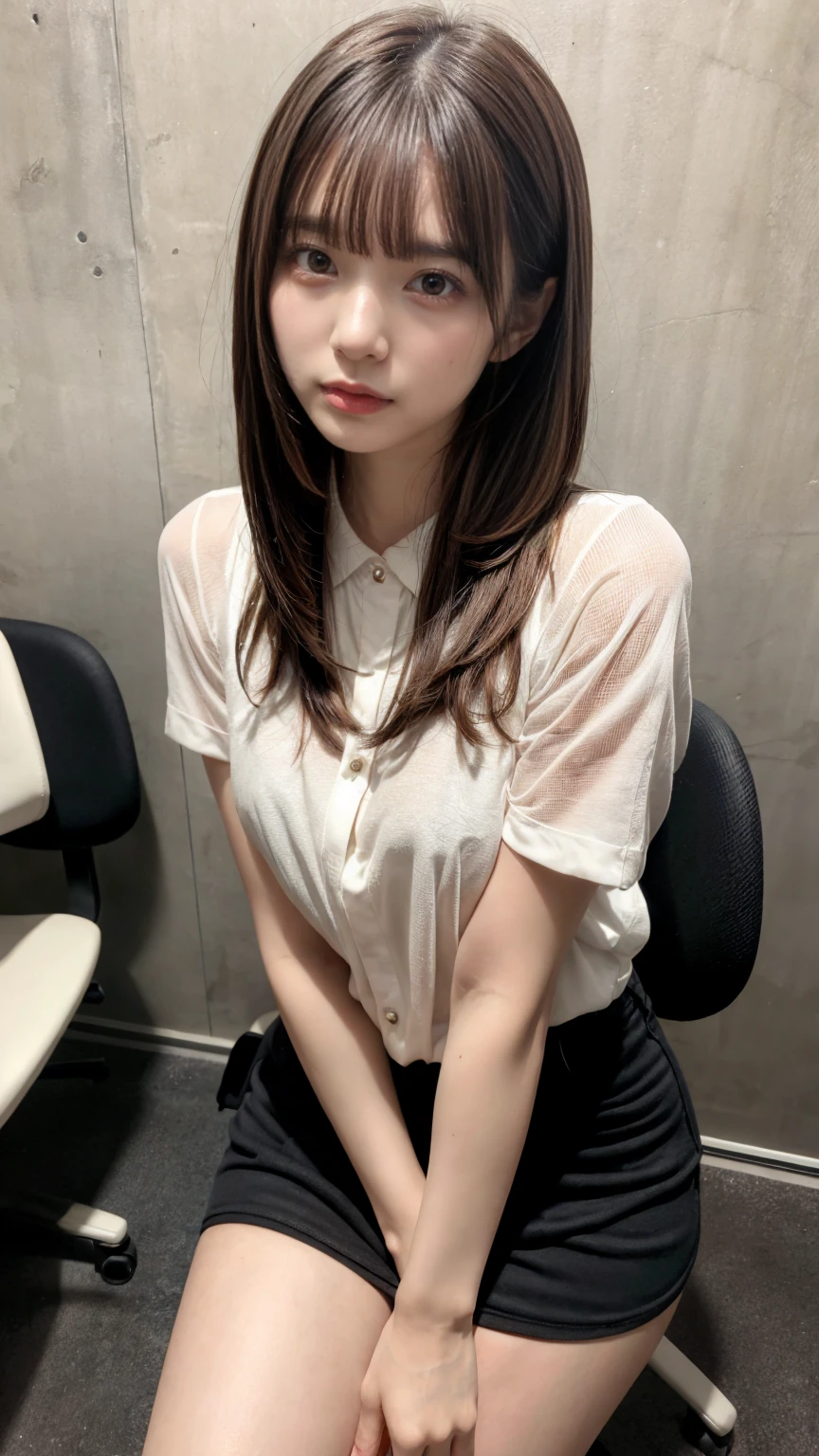 Beautiful woman、Well-formed face、Make the eyes even、Align your feet、Bright interior、Dark colored short sleeve shirt、itting on a chair in front of a wall、Bright interior、25age, light brown hair, hair over shoulder, parted bangs, straight hair, expressive hair, shiny hair, shy, parted lips, Surrealism, first-person view, Nikon, UHD, anatomically correct, textured skin, high details, best quality, highres, 8k