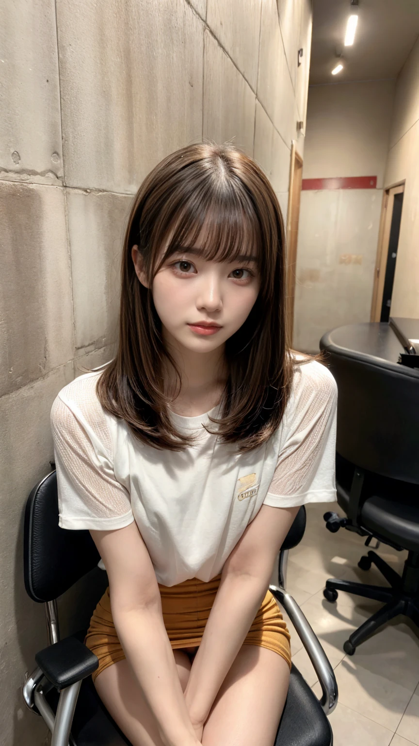 Beautiful woman、Well-formed face、Make the eyes even、Align your feet、Bright interior、Dark colored short sleeve shirt、itting on a chair in front of a wall、Bright interior、25age, light brown hair, hair over shoulder, parted bangs, straight hair, expressive hair, shiny hair, shy, parted lips, Surrealism, first-person view, Nikon, UHD, anatomically correct, textured skin, high details, best quality, highres, 8k