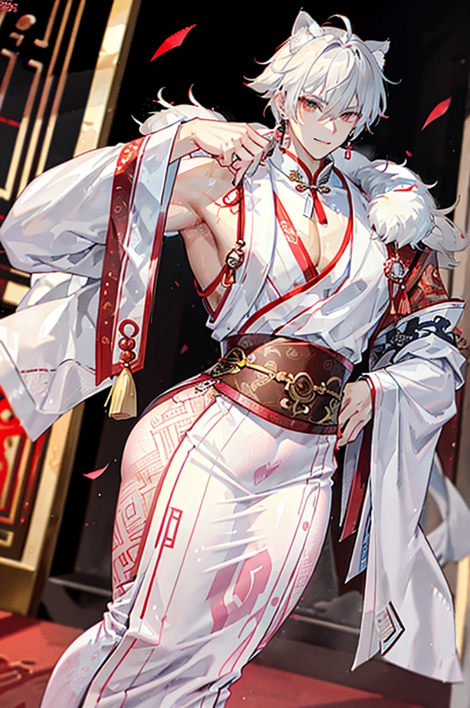 1 man, muscular, white wolf furry, gay, young, 20 years old, sexy, chinese traditional sexy dress, hole in his chest, big chest, plump big juicy butt, teasing, flexing his chest, holding a red fan, tattoo, sexy pose, red carpet, Chinese architecture, blushing hard, smiling, surrounded by handsome old men, beautiful, man only, hd resolution, detailed face, slim body, furry shawl over the shoulders down to the hands, traditional chinese earrings.