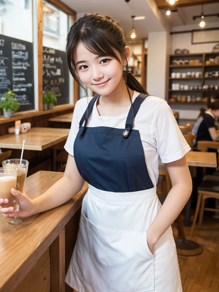 18-year-old girl working at a quiet cafe. Apron skirt. smile Low angle shooting