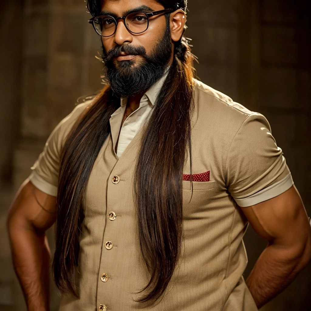 An indian man, long hair, bearded, well build physic, toned muscles, well defined details, wearing a spectacle, well dressed