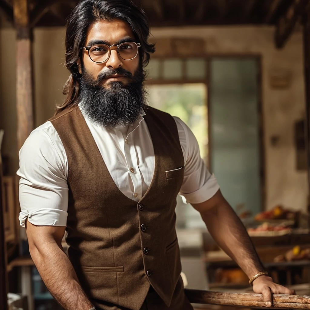 An indian man, long hair, bearded, well build physic, toned muscles, well defined details, wearing a spectacle, well dressed
