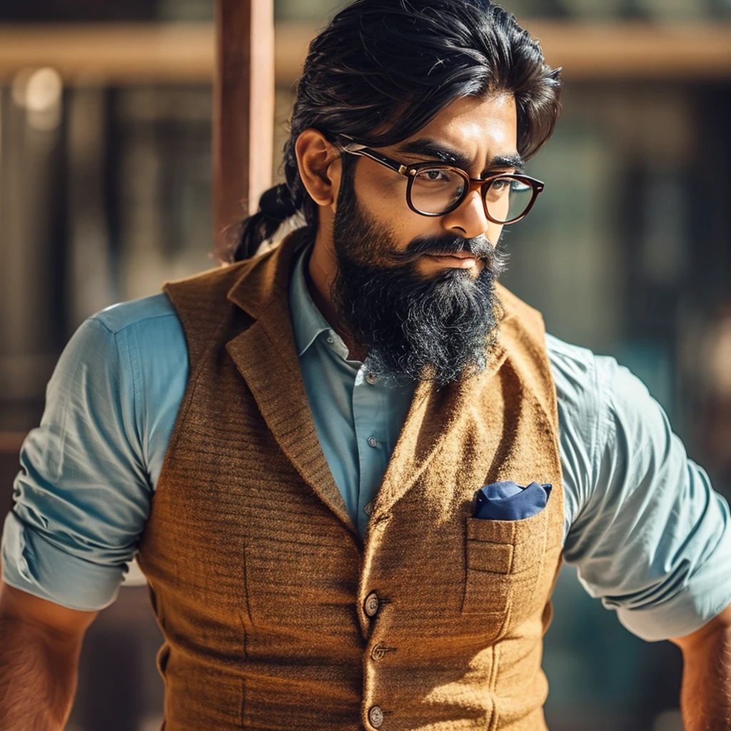 An indian man, long hair, bearded, well build physic, toned muscles, well defined details, wearing a spectacle, well dressed