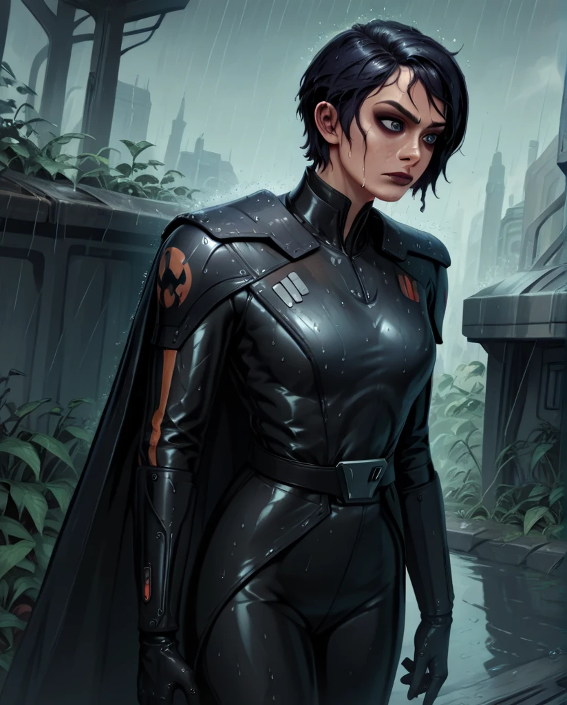 score_9,score_8_up,score_7_up,score_6_up, sabine wren ,,black hair, FULL body, wet, armor,gloves,black bodysuit,black cape,belt,rain, science fiction,sith base, star wars, outdoors, rain, solo,fflixbag wearing armor sabine wren
