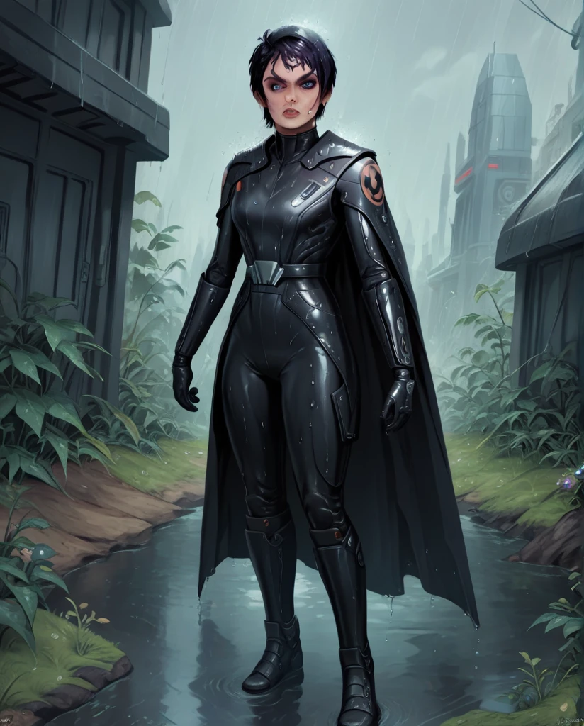 score_9,score_8_up,score_7_up,score_6_up, sabine wren ,,black hair, FULL body, wet, armor,gloves,black bodysuit,black cape,belt,rain, science fiction,sith base, star wars, outdoors, rain, solo,fflixbag wearing armor sabine wren
