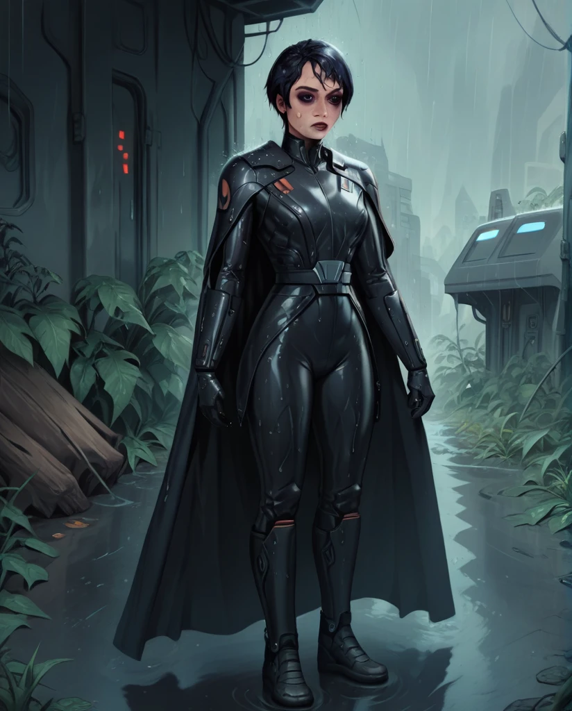 score_9,score_8_up,score_7_up,score_6_up, sabine wren ,,black hair, FULL body, wet, armor,gloves,black bodysuit,black cape,belt,rain, science fiction,sith base, star wars, outdoors, rain, solo,fflixbag wearing armor sabine wren
