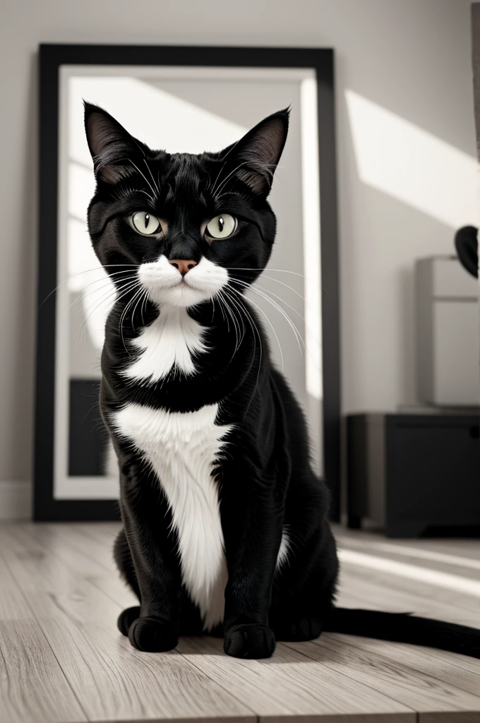 Pixar style image of a black and white cat and its title is Ginger