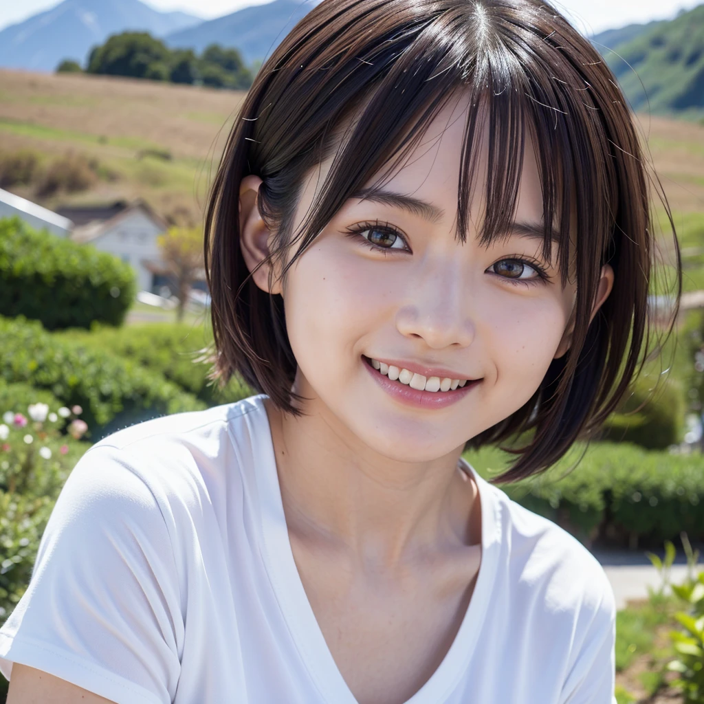 Highest quality,a girl, one girl,solo focus,4K,8K,Realistic,Japanese women,一人のJapanese women,26 years old,Clear,kind,Beautiful eyes,smile,smaile,teeth,short brown hair,Large Breasts,healthy,positive,Very detailed,Casual Style,Mountain background