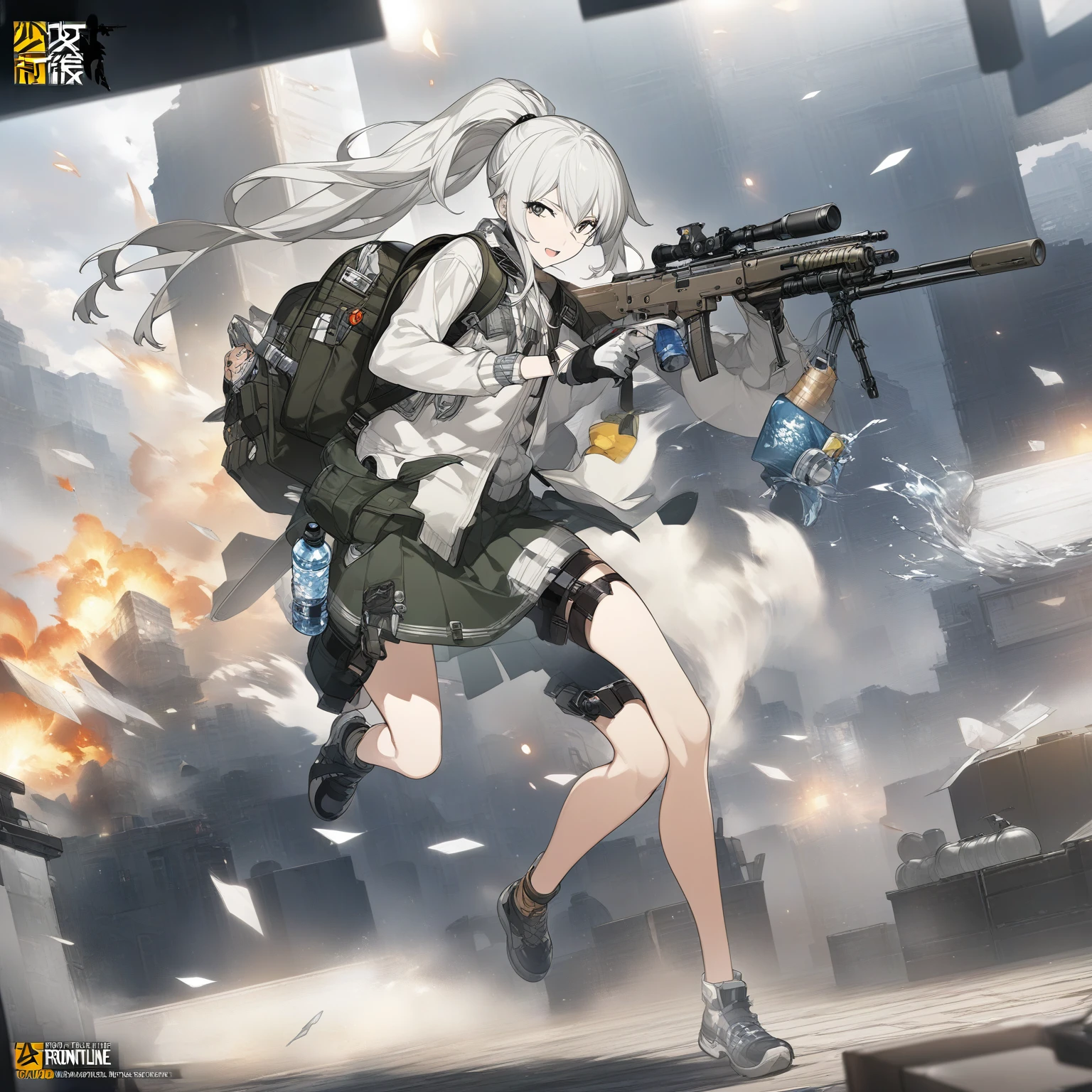 anime girl with backpack and water bottle in hand, from girls frontline, girls frontline style, official character art, digital art from danganronpa, girls frontline universe, girls frontline cg, girls frontline, silver hair (ponytail), fine details. girls frontline, female anime character, official artwork, anime character art, official art, detailed anime character art, anime character con pechos grandes desnuda 