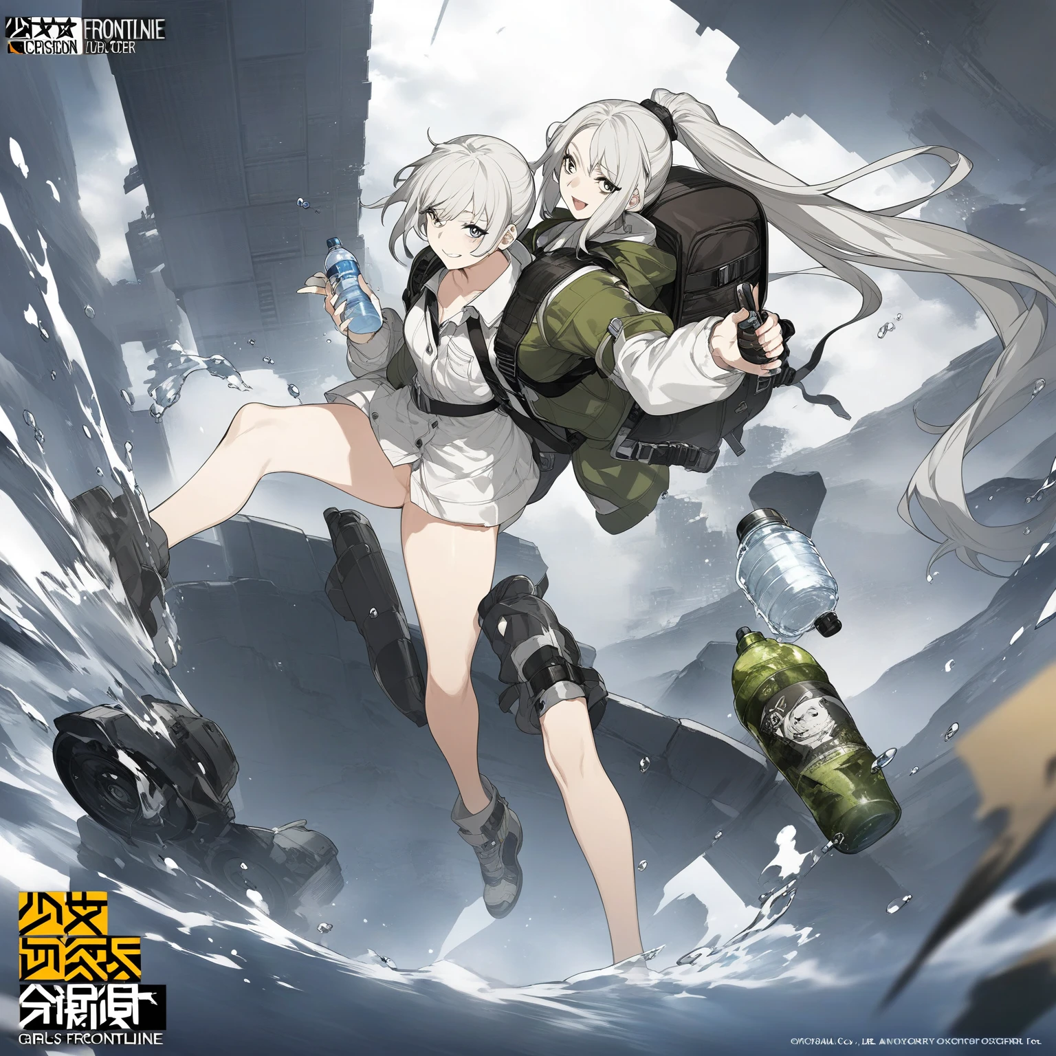 anime girl with backpack and water bottle in hand, from girls frontline, girls frontline style, official character art, digital art from danganronpa, girls frontline universe, girls frontline cg, girls frontline, silver hair (ponytail), fine details. girls frontline, female anime character, official artwork, anime character art, official art, detailed anime character art, anime character con pechos grandes desnuda 