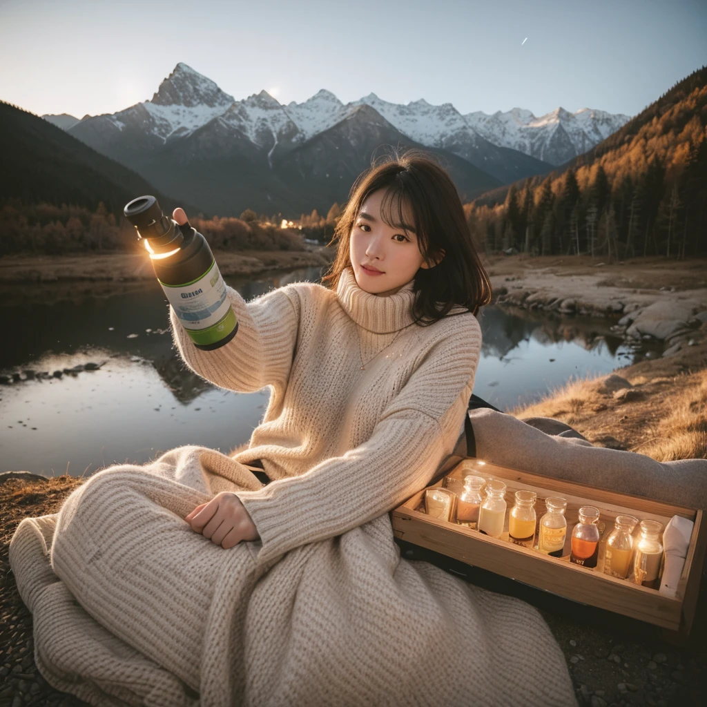 1 woman ((Upper part of the body selfie, happy)), Masterpiece, Best Quality, ultra detailed, Alone, outdoor, (evening), mountains, nature, (stars, officer) happy, happy, schoolbag, sleeping bag, camping stove, water bottle, Mountain boots, gloves, sweater, has, flashlight, forest, Rocks, river, wood, smoke, darkness, contrast, clear sky, analog style (look at the viewer:1.2) (skin texture) (Film grain:1.3), (warm tone, warm tone:1.2), close up, cinematic light, side lighting, ultra high resolution, best shadow, RAW, Upper part of the body, wearing sweater