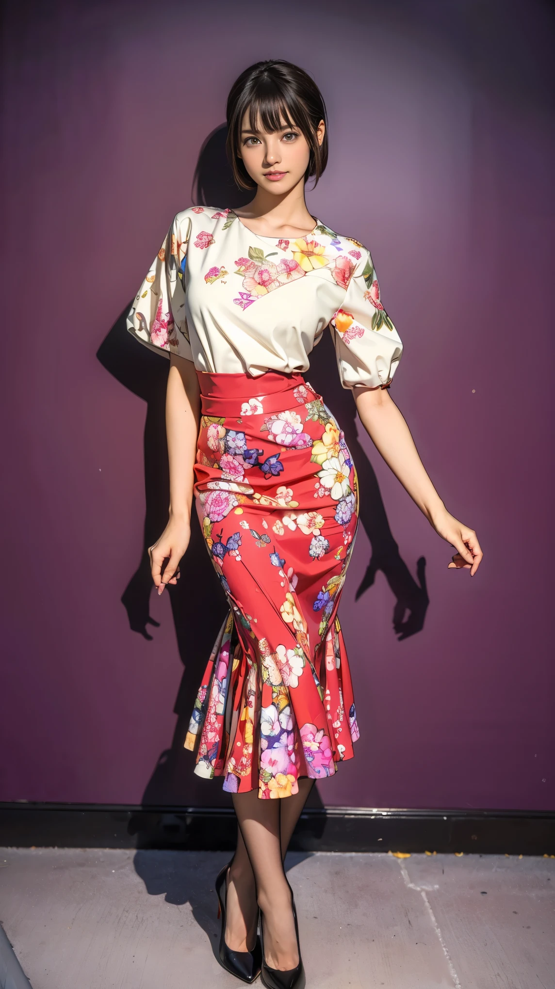 ((masterpiece)),(((Highest quality))),Thin thighs,Long legs,whole body:1.5，(One Girl:1.3),(Black pantyhose and thick pointy heels：1.3),(Wearing a floral print mid-long flared skirt dress:1.2),Short blonde hair:1.2、Model pose，