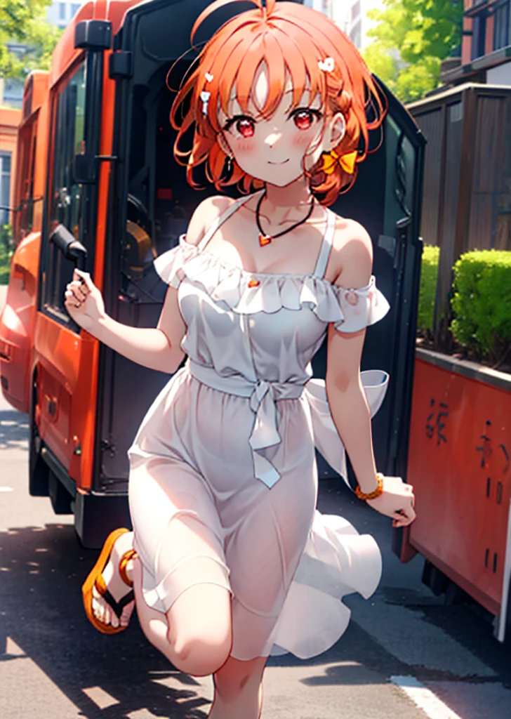 chika takami,Orange Hair,Ahoge,Red eyes,smile,blush,Orange off-shoulder dress,Bare shoulders,bare clavicle,Bare neck,Short sleeve,Heart-shaped necklace,Long skirt,Cute heeled sandals,Walking,Daytime,Clear skies,whole bodyがイラストに入るように break outdoors, Building district, break looking at viewer, whole body, break (masterpiece:1.2), Highest quality, High resolution, unity 8k wallpaper, (figure:0.8), (Beautiful attention to detail:1.6), Highly detailed face, Perfect lighting, Highly detailed CG, (Perfect hands, Perfect Anatomy),