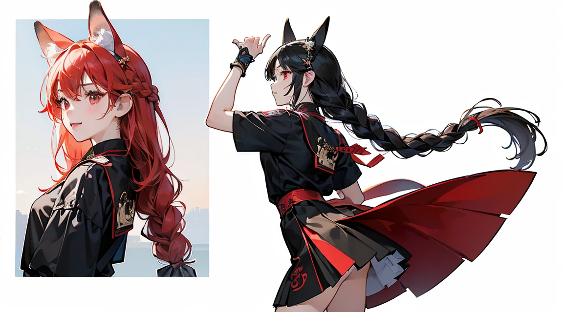 ((best quality)), ((masterpiece)), ((Practical)) 19 years old, 红头发的girl, , Relaxed happy face ((Slim)) , Mini skirt lycra , Long hair, Red Eyes、Double braid、Animal ears、(((Detailed role list, Front view, side view, Three-quarter view))) White background、girl、Full body pictures、from head to foot