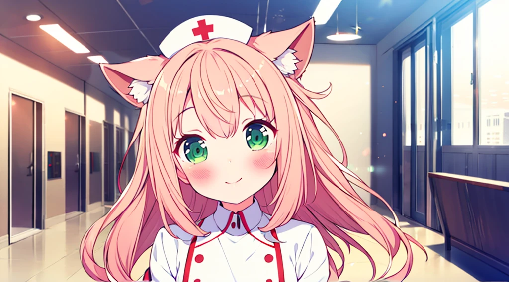 interior,hospital,A girl, alone, green eyes, gray fur, Hair ornaments, hits, Youtuber Virtual, shine, blunt hits, double explosion, animal ears, Lens flare, flat chest,pink nurse uniform,blush, (See your viewers), SMILE, 