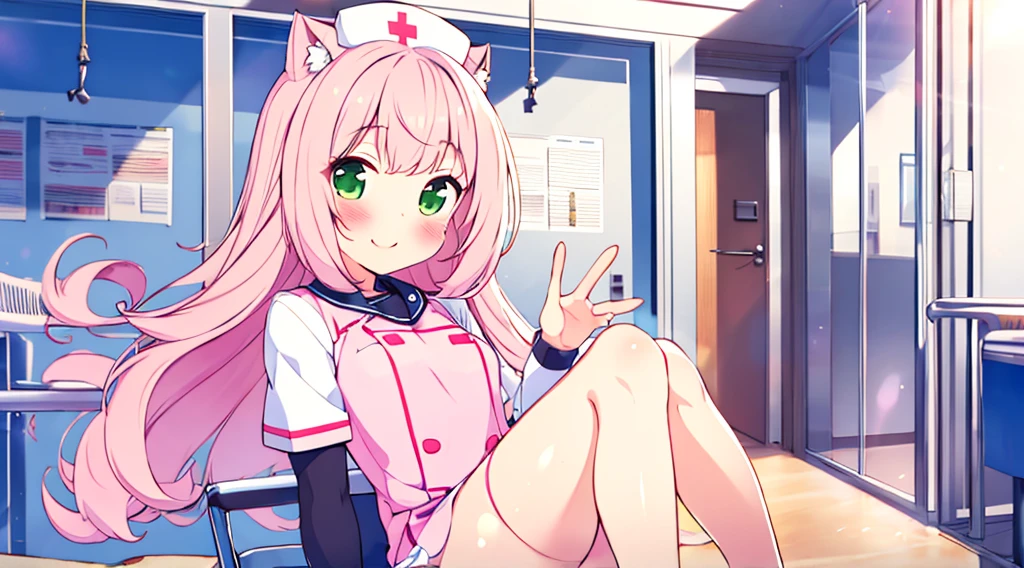interior,hospital,A girl, alone, green eyes, gray fur, Hair ornaments, hits, Youtuber Virtual, shine, blunt hits, double explosion, animal ears, Lens flare, flat chest,pink nurse uniform,blush, (See your viewers), SMILE,