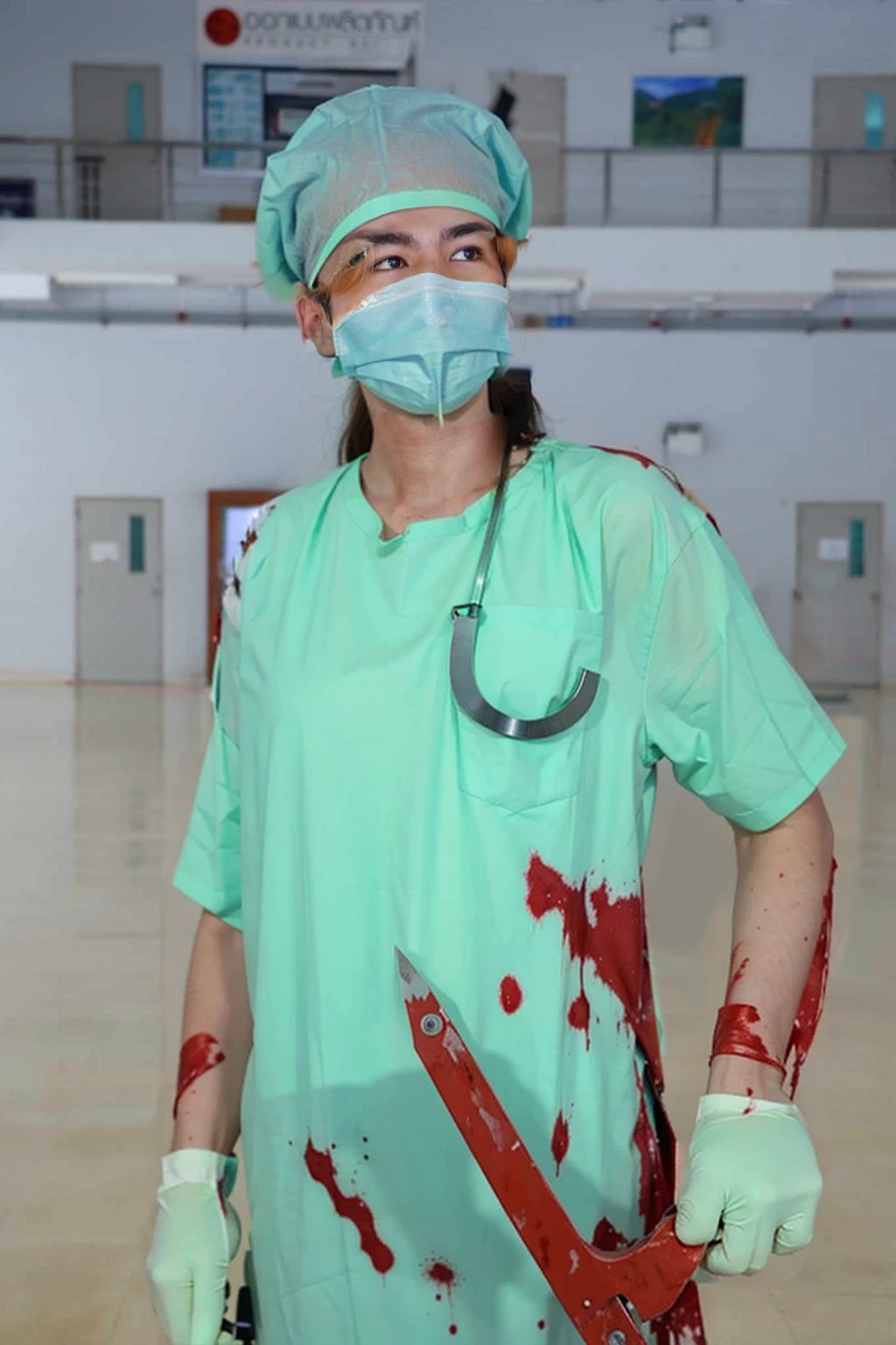 blood-stained surgical gown with visible splatters and smears of blood.
Surgical gloves, also covered in blood, with some tears and wear.
A surgical mask that has dark, ominous stains and possibly a sinister smile peeking from behind it. Holding a bloody scalpel or surgical saw in one hand, with blood dripping from the blade.
Other surgical tools like forceps or scissors can be tucked into the pockets of the gown, also stained with blood.
A headlamp or surgical cap with blood splatters for additional detail.