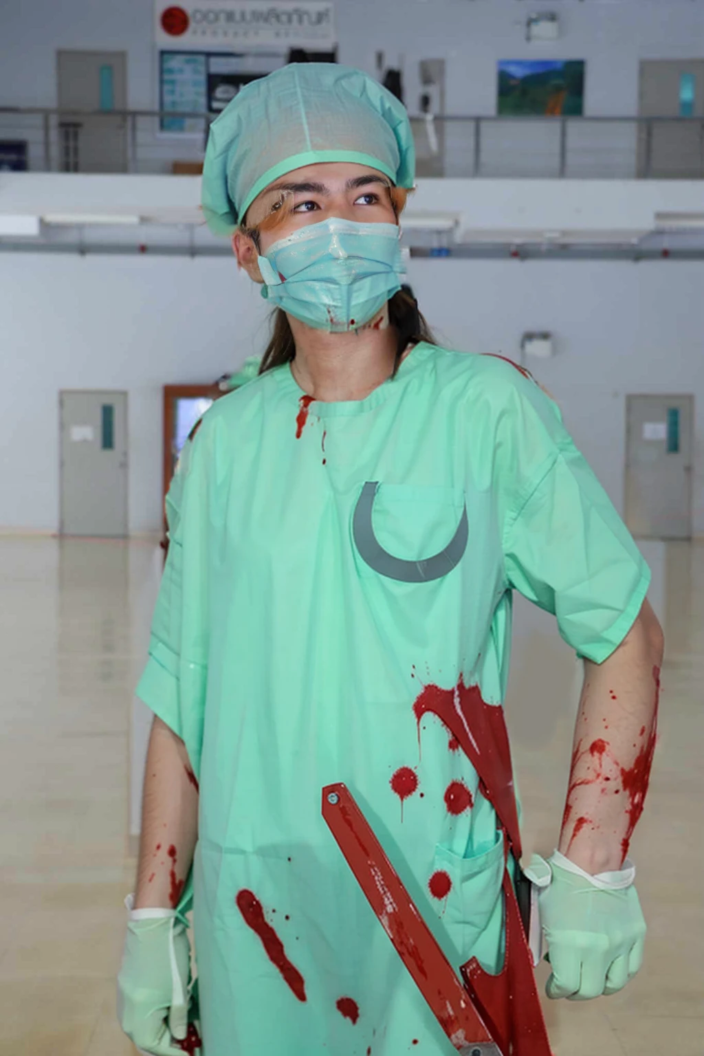blood-stained surgical gown with visible splatters and smears of blood.
Surgical gloves, also covered in blood, with some tears and wear.
A surgical mask that has dark, ominous stains and possibly a sinister smile peeking from behind it. Holding a bloody scalpel or surgical saw in one hand, with blood dripping from the blade.
Other surgical tools like forceps or scissors can be tucked into the pockets of the gown, also stained with blood.
A headlamp or surgical cap with blood splatters for additional detail.