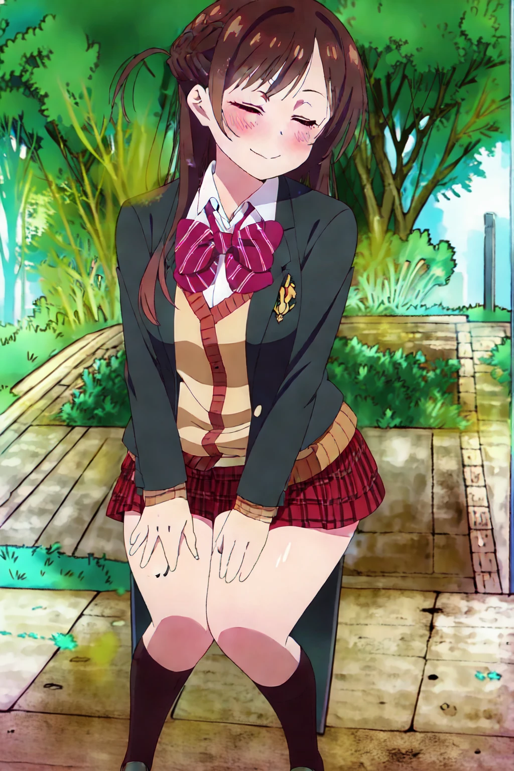 solo, 1female, ChizuruMizuhara,1girl, half updo, straight hair, long hair, side ponytail, , blazer, open clothes, collared shirt, striped bowtie, sweater vest, plaid pleated miniskirt, black socks loafers, massive fart, yellow smoke rising, relieved face, relief, closed eyes, climax, climax face, smiling, blush, bend over, alone in park